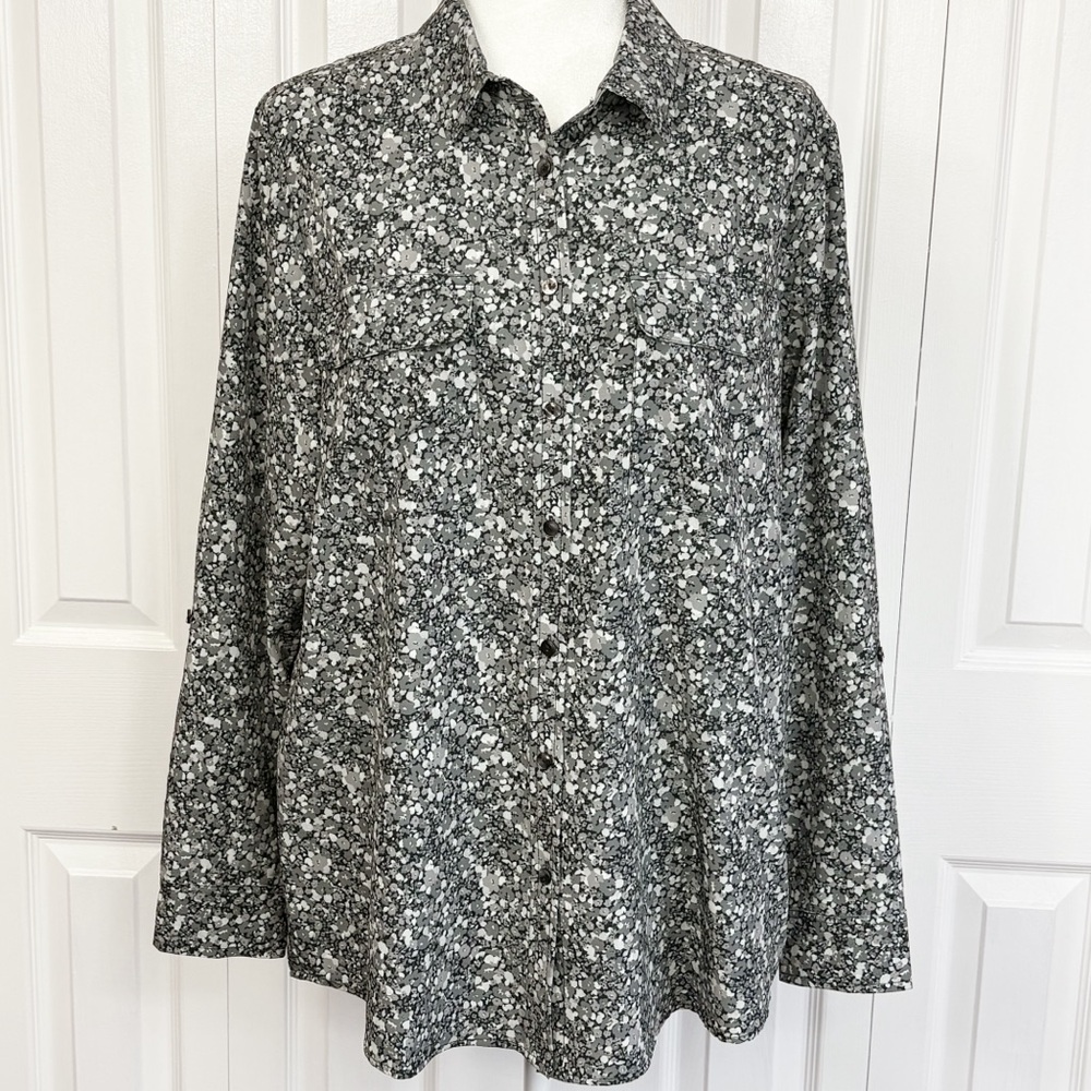 Lands' End Gray Floral Print Long Sleeve Zip Pocket Button Up Shirt Large